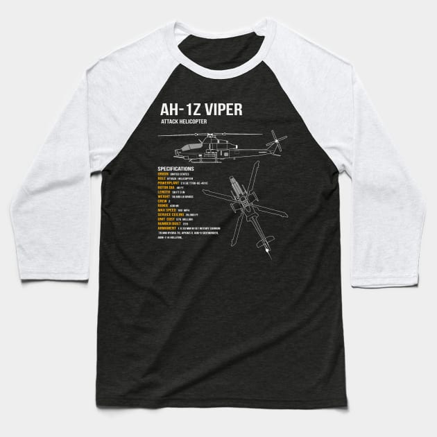 AH-1Z Viper Helicopter Baseball T-Shirt by Dirty Custard Designs 